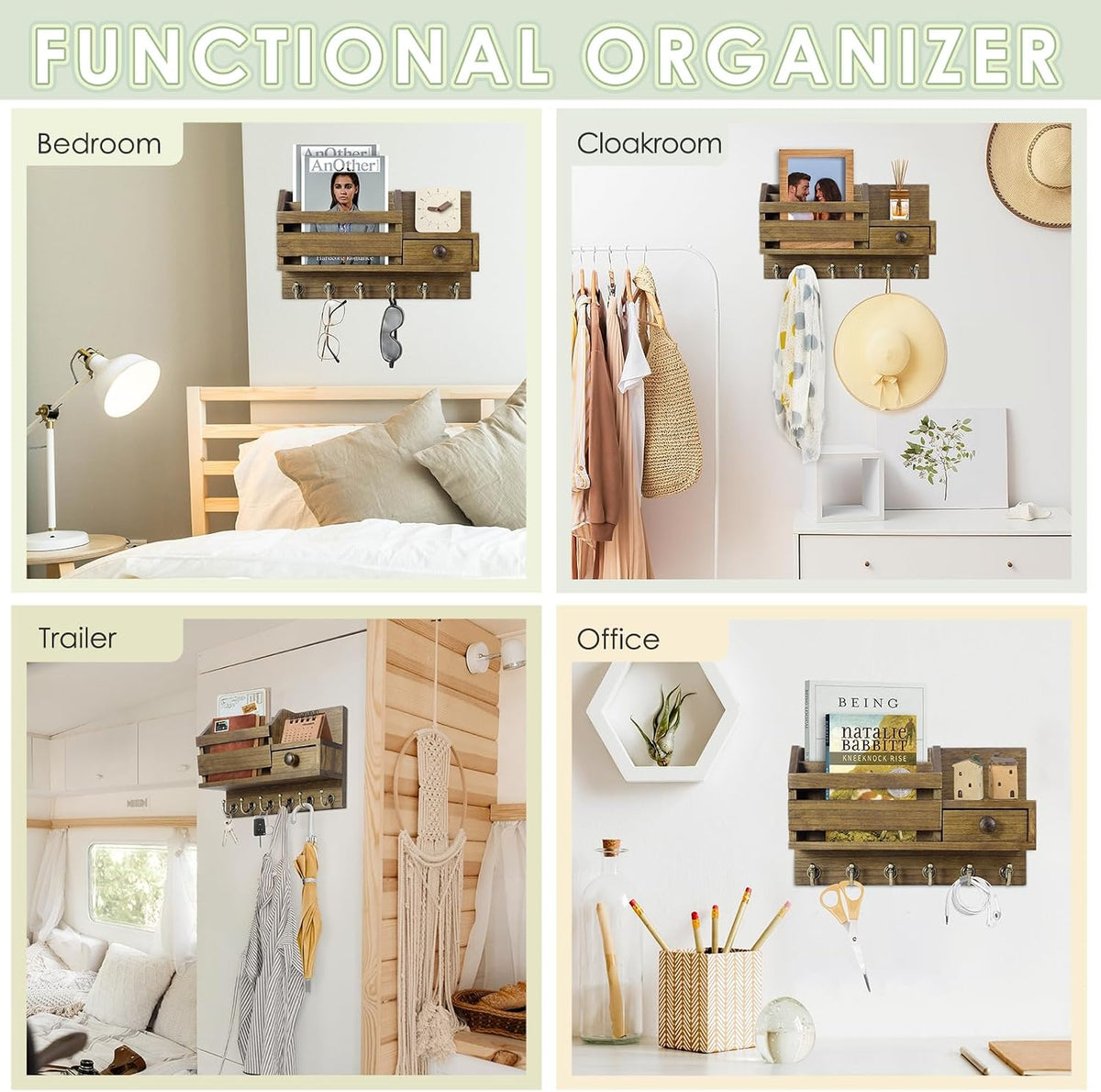 VIS'V Key Holder Wall Mount, Wooden Mail and Key Organizer, Brown