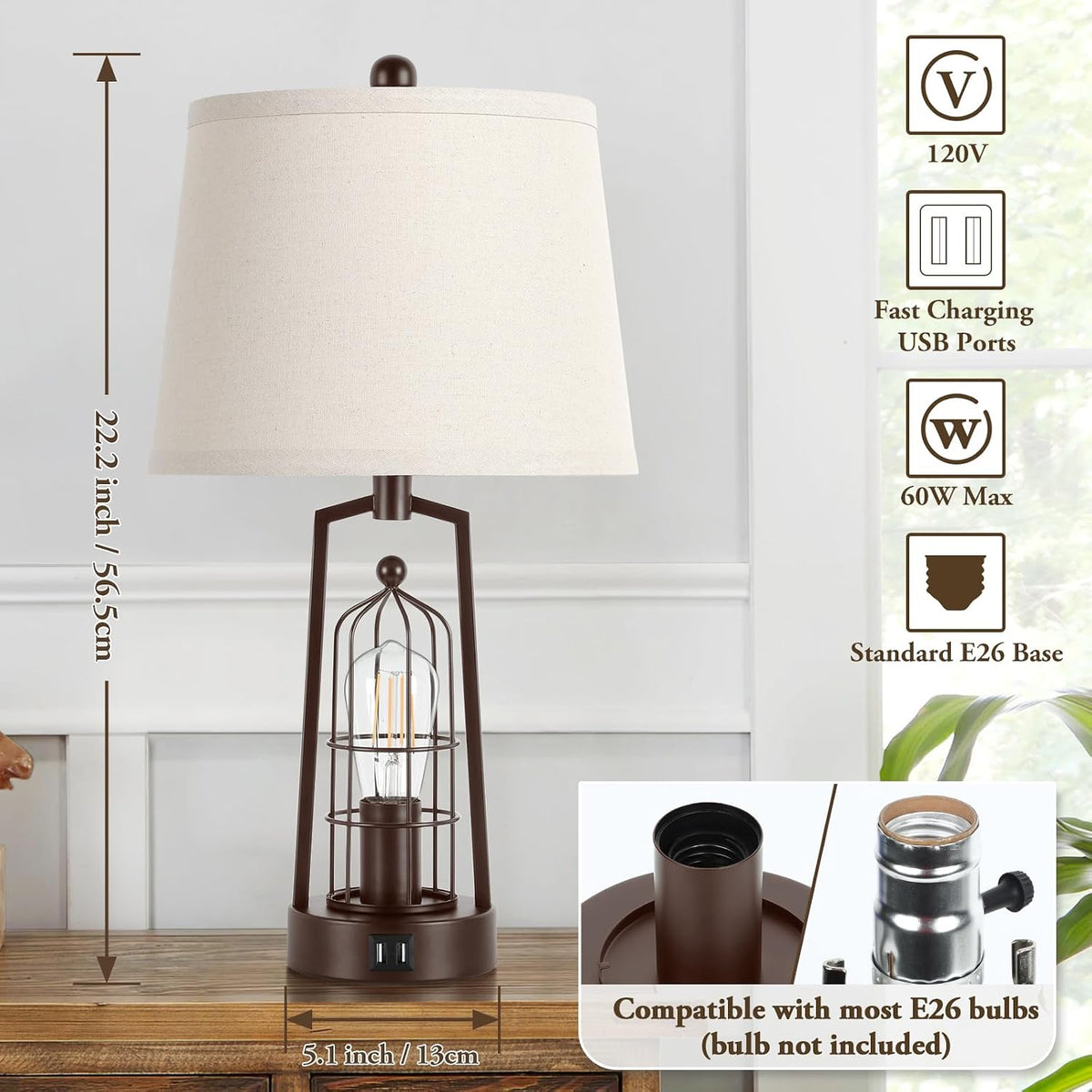 Brightever Farmhouse Table Lamps with 2 USB Ports, Set of 2 Rustic Industrial Desk Lamp for Living Room, 2-Light with Beige Lampshade for Bedside, Bedroom, Nightstand, House Decor, Reading(Bronze)
