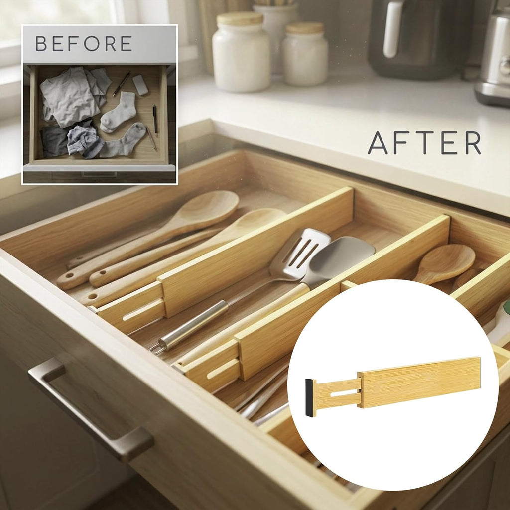 4 PCS Expandable Wooden Drawer Dividers, 2.6 in High Adjustable Wood Drawer Organizers, 12.5 to 17.5 in Spring Loaded Separators for Clothing, Kitchen Utensils, Desk, Bathroom Storage