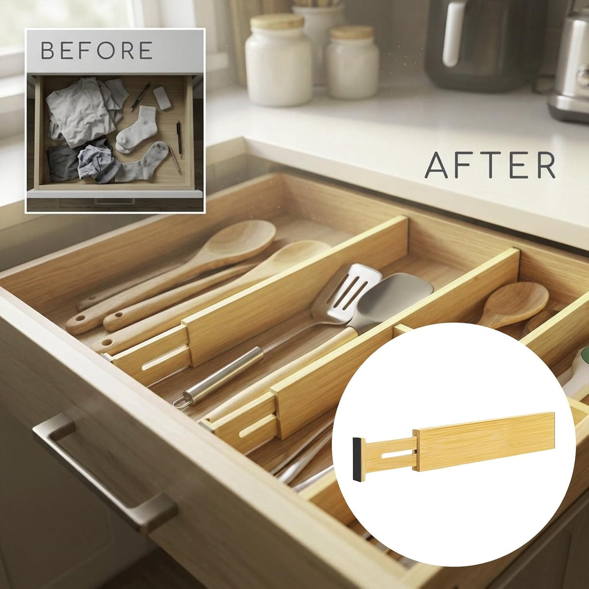 4 PCS Expandable Wooden Drawer Dividers, 2.6 in High Adjustable Wood Drawer Organizers, 12.5 to 17.5 in Spring Loaded Separators for Clothing, Kitchen Utensils, Desk, Bathroom Storage