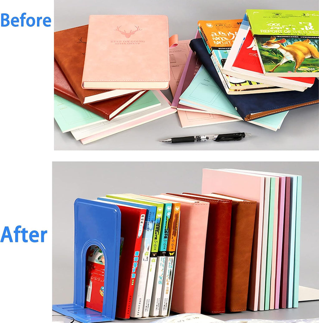 Metal Book Ends for Office Home, Book Shelf Holder Home Decorative, Book Ends for Heavy Books/Movies/CDs, Blue 6.5 x 5 x 5.7 in, 4 Pair/ 8 Piece