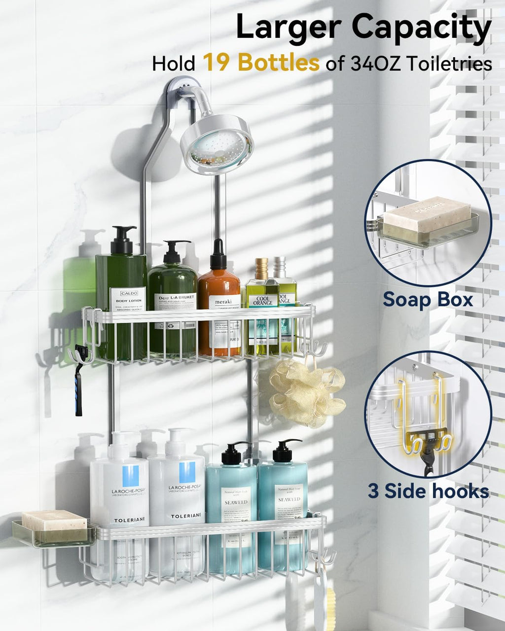 YASONIC Never Rust Shower Caddy Hanging, Aluminum Shower Racks for Inside Shower, 2-Tier Shower Organizer Hanging Over Shower Head with Hooks and Soap Holder, Silver