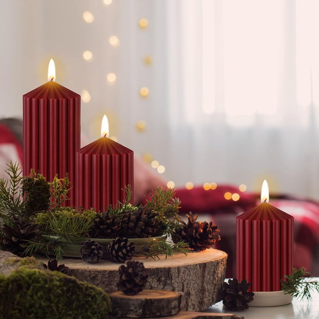 Set of 3 Christmas Ribbed Pillar Candles Soy Wax, 3 Heights, Dark Red