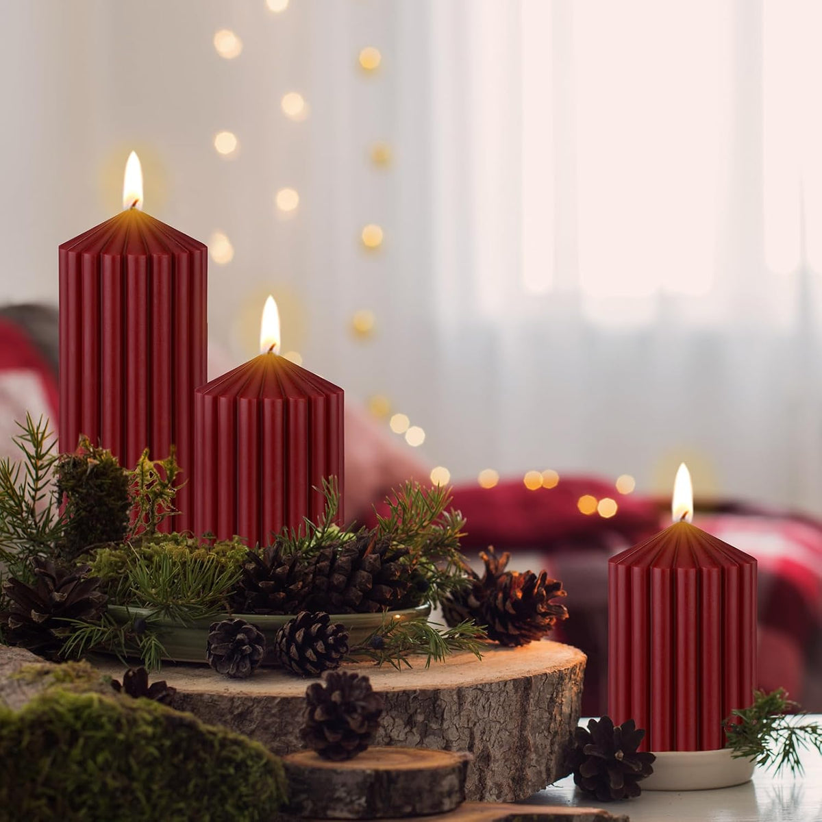 Set of 3 Christmas Ribbed Pillar Candles Soy Wax, 3 Heights, Dark Red