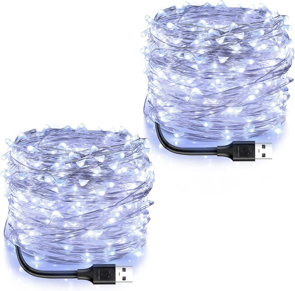Blingstar USB Powered Fairy Lights, 2 Pack 33Ft 100 LED, Flexible Silver Wire, Mini String Lights for Christmas Tree/Bedroom/Camping/Dorm Indoor Decoration, Cool White