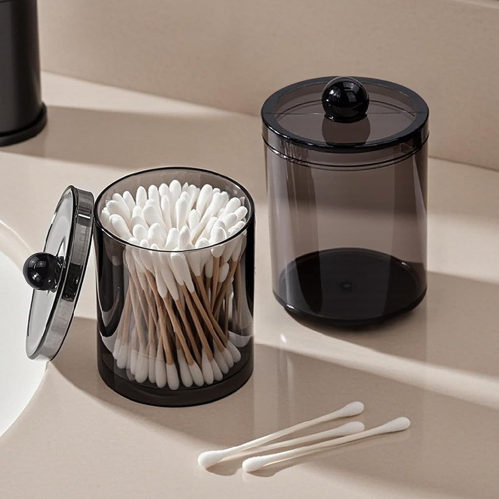 2-Pack Black Plastic Qtip and Cotton Swab Holder Dispenser Set for Bathroom Vanity Organization - Storage for Cotton Balls, Rounds, Floss Picks, Hair Clips