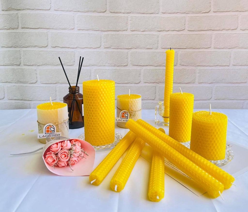 Lacaser Beeswax Taper Candles Set of 2 Pcs, 9" Long Candles for Candlesticks in Yellow, Unscented & Smokeless, Burning Time 4 Hours