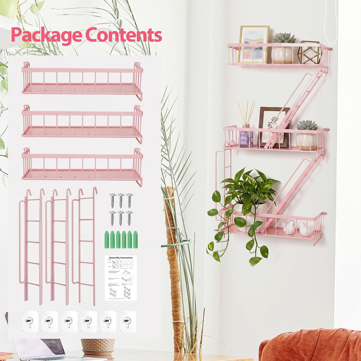 SweetSage Fire Escape Shelf - Pink Wall Decor Floating Shelves, Cute Metal Ladder Shelving for Bedroom, Home Decor Display (3-Tier)