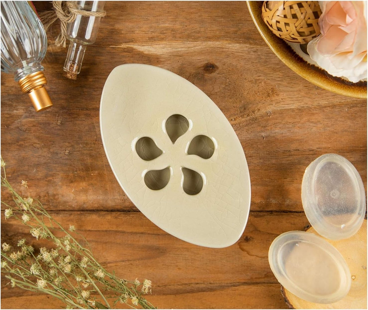 Ceramic Soap Dish with Self Draining Tray for Bar Soap, Bathroom, Kitchen (Ivory No.1)