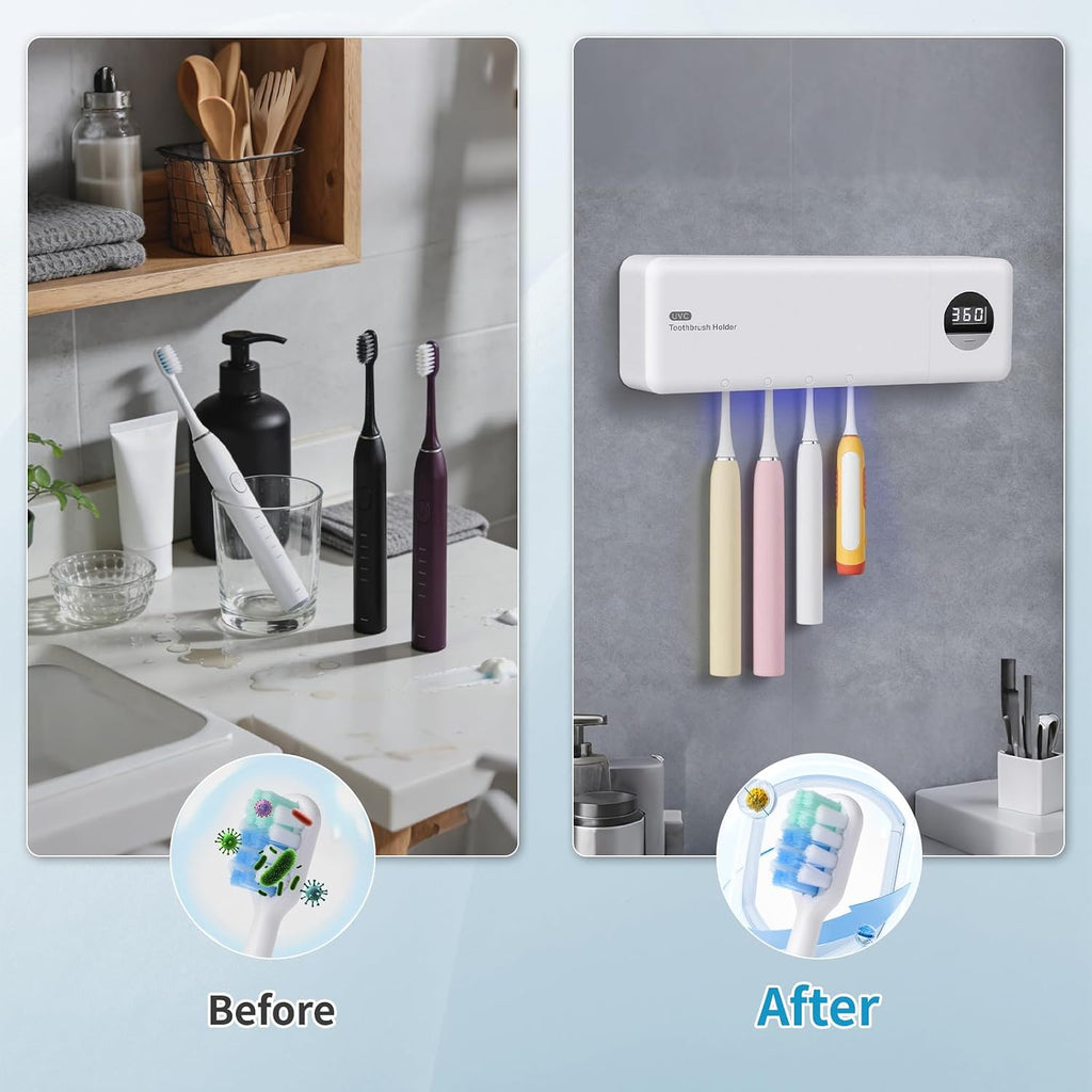 UV Toothbrush Sanitizer Holder w/Charger & 3 Premium Toothbrushes