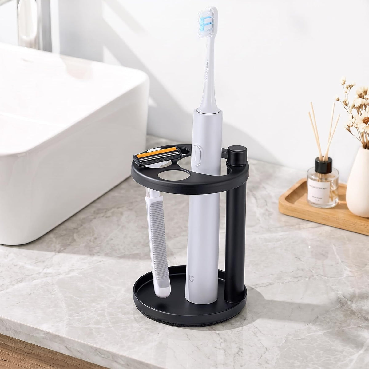 Toothbrush & Toothpaste Holder for Bathroom Countertop, Metal Electric Toothbrush Stand with Razor Slot, Ideal Design Caddy for Kids & Family, Black