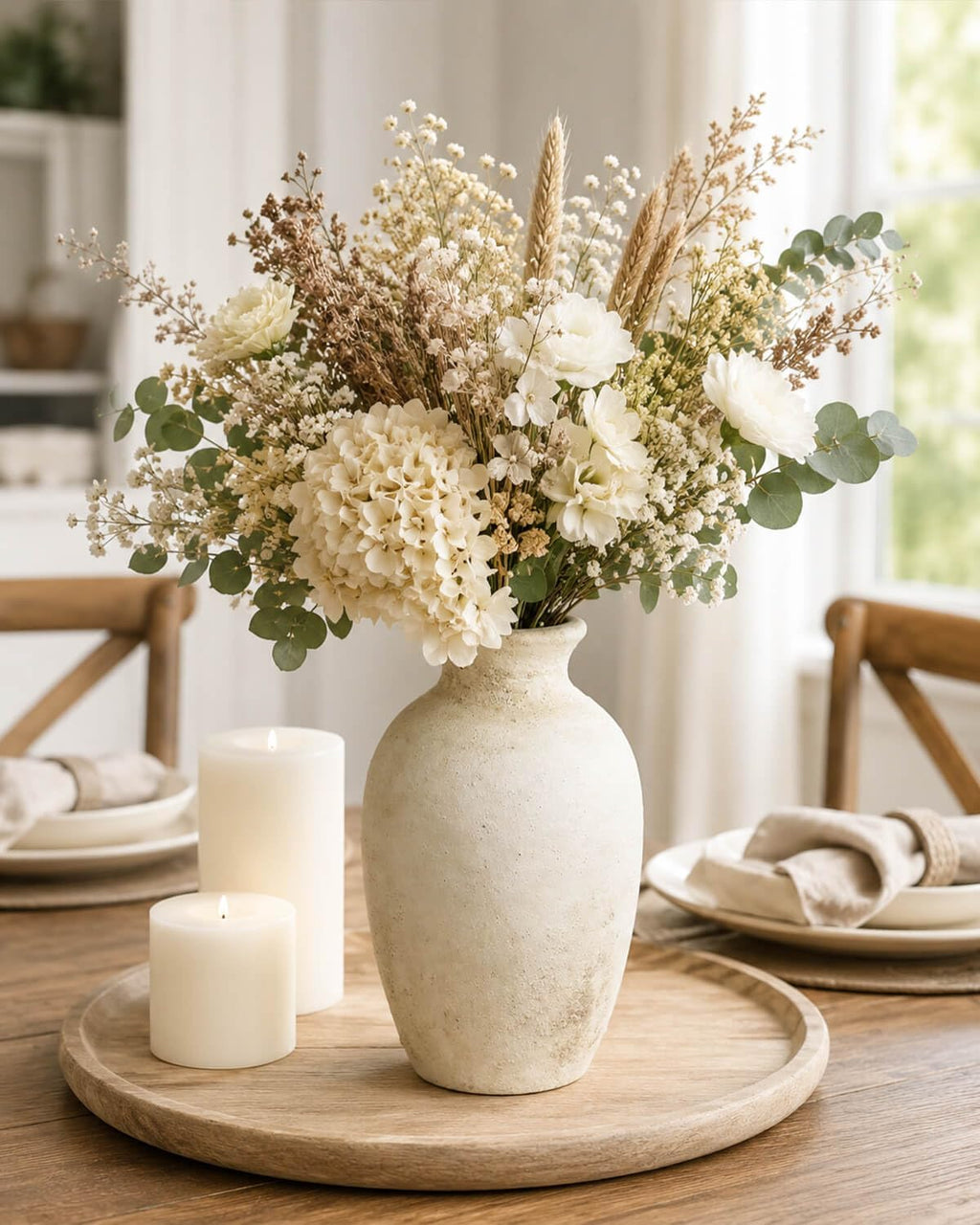 8.3 Inch Beige Ceramic Flower Vase, Rustic Farmhouse Bottle Vase