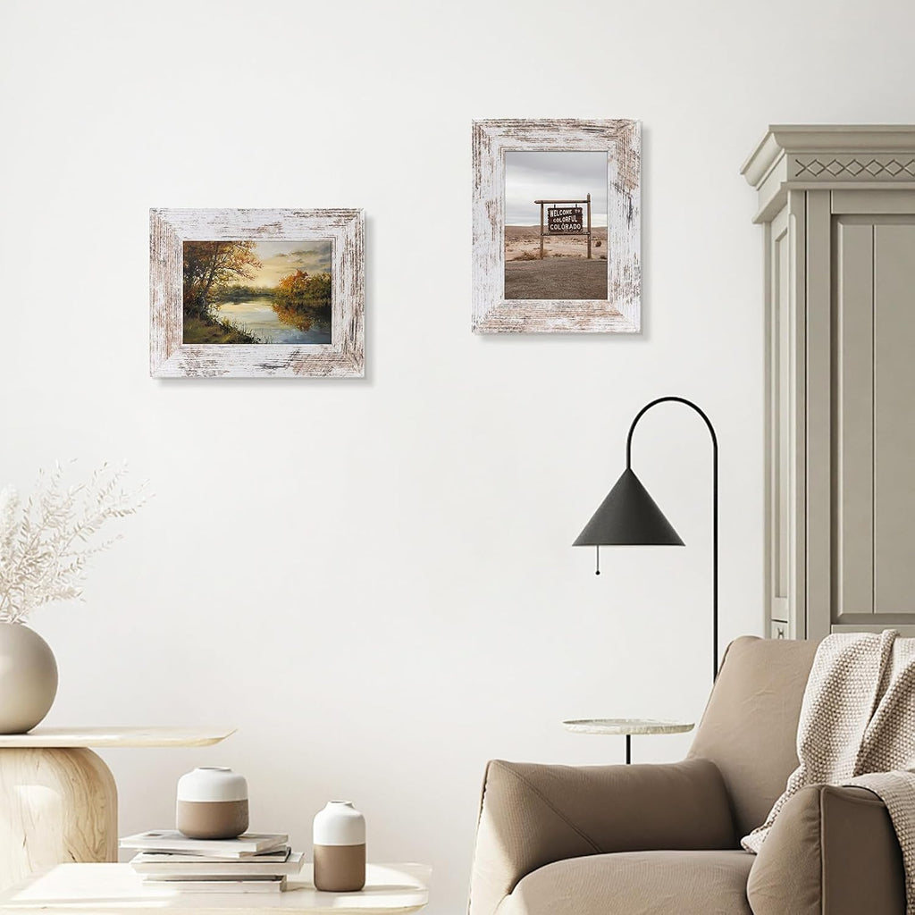 4 Pack 5x7 Picture Frames, Rustic White, Real Glass, Wall&Tabletop Display
