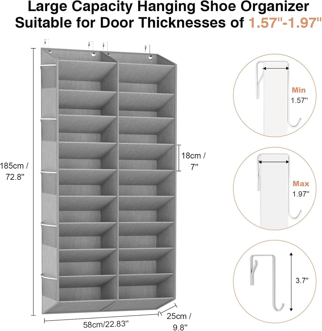 LANTEFUL Over the Door Shoe Organizer, Hanging Shoe Rack for Closet Door Shoe Storage for 30 Pairs Sneaker and Boots, Large Shoe Holder for Door with 10 Side Pockets, Space Saving, Grey