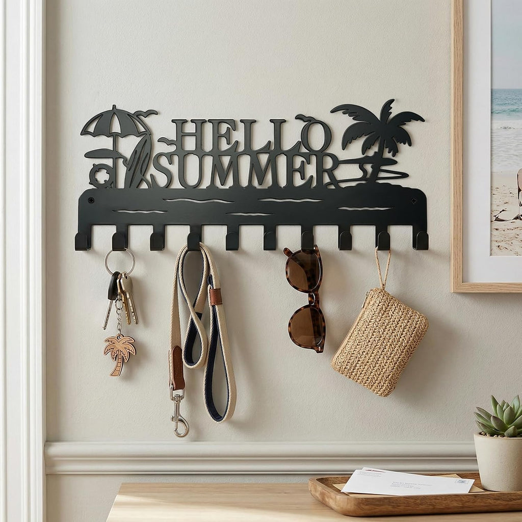 Metal Key Holder Wall Mount, Coastal Beach Key Rack Hooks, Hello Summer