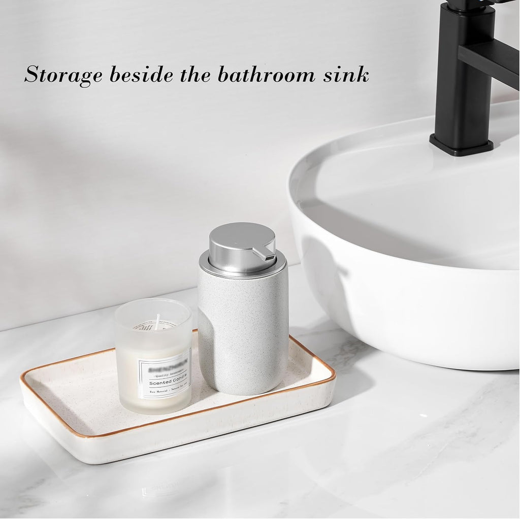10"×6"×1" Bathroom Vanity Tray for Countertop- Ceramic Decorative Organizer Tray for Dresser Tops, Toilet, Perfume, Sponge Holder Soap Dish Dispenser for Kitchen Counter- Reactive White