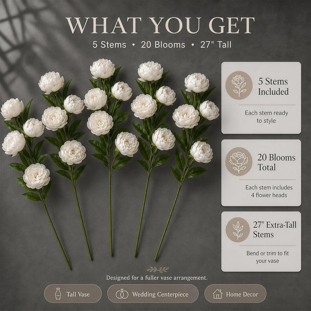 Artificial Flowers for Vase, 5 Stems Faux Peony Silk, 20 Blooms