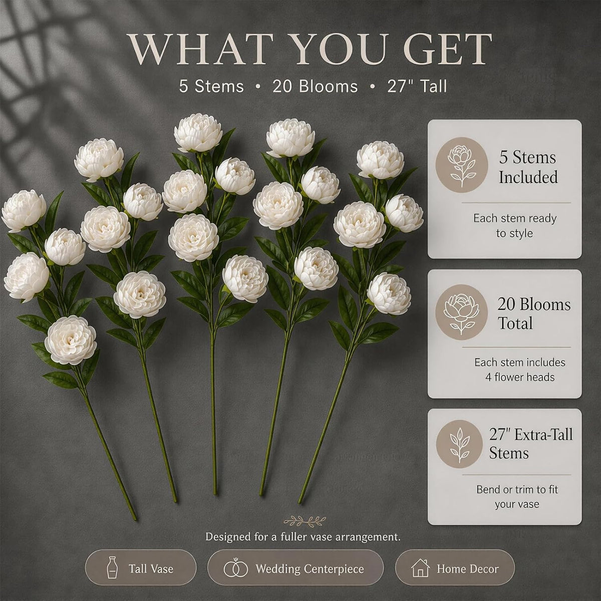 Artificial Flowers for Vase, 5 Stems Faux Peony Silk, 20 Blooms