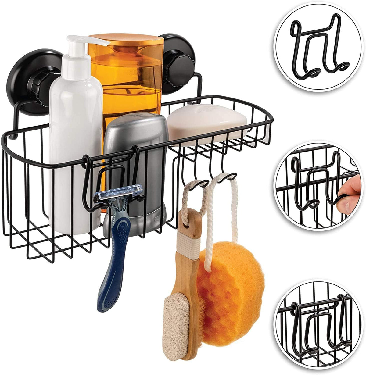 HASKO Shower Caddy Suction Cup, Shower Shelf with Soap Dish and Hooks Organizer, Suction Bathroom Shelf for Storage, Wall Mounted Basket, Black