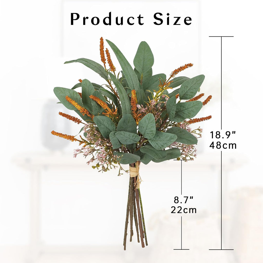 Briful Fall Artificial Eucalyptus Bouquet with Orange Sage Leaves – Autumn Faux Greenery Bush with Raffia Wrap for Farmhouse, Kitchen, Table, and Seasonal Home Décor