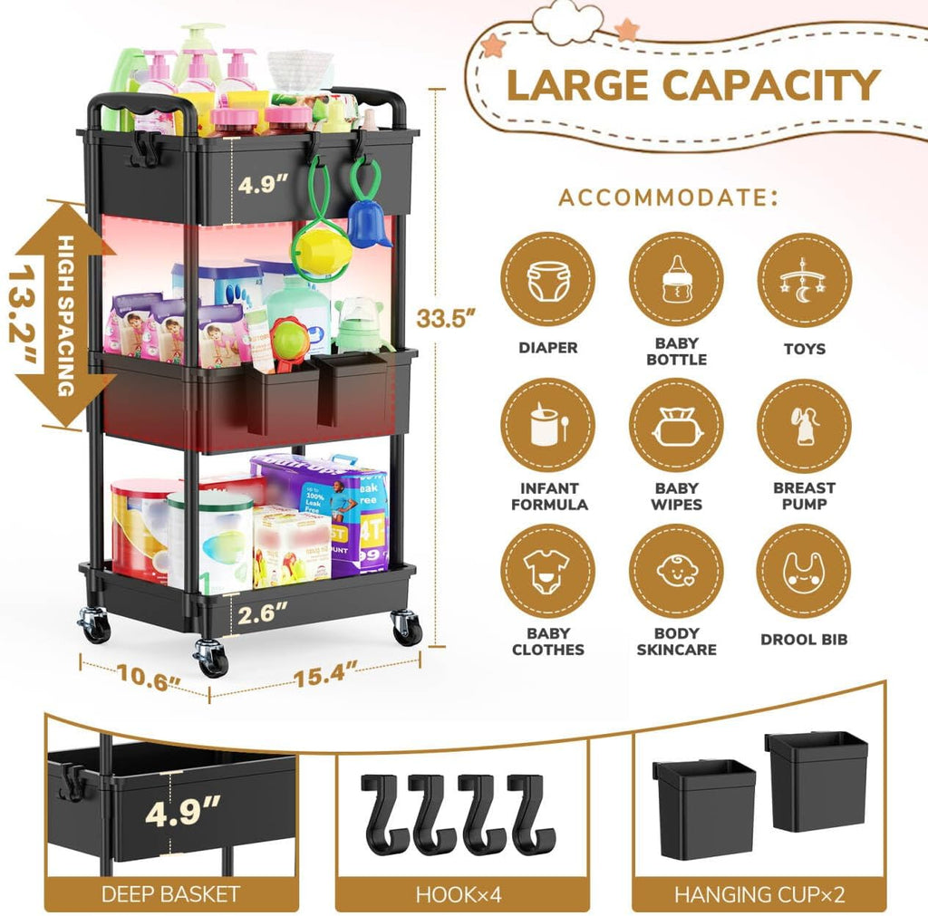 Goovilla Diaper Cart with Lockable Wheels and Easy Assembly, 3 Tier Black
