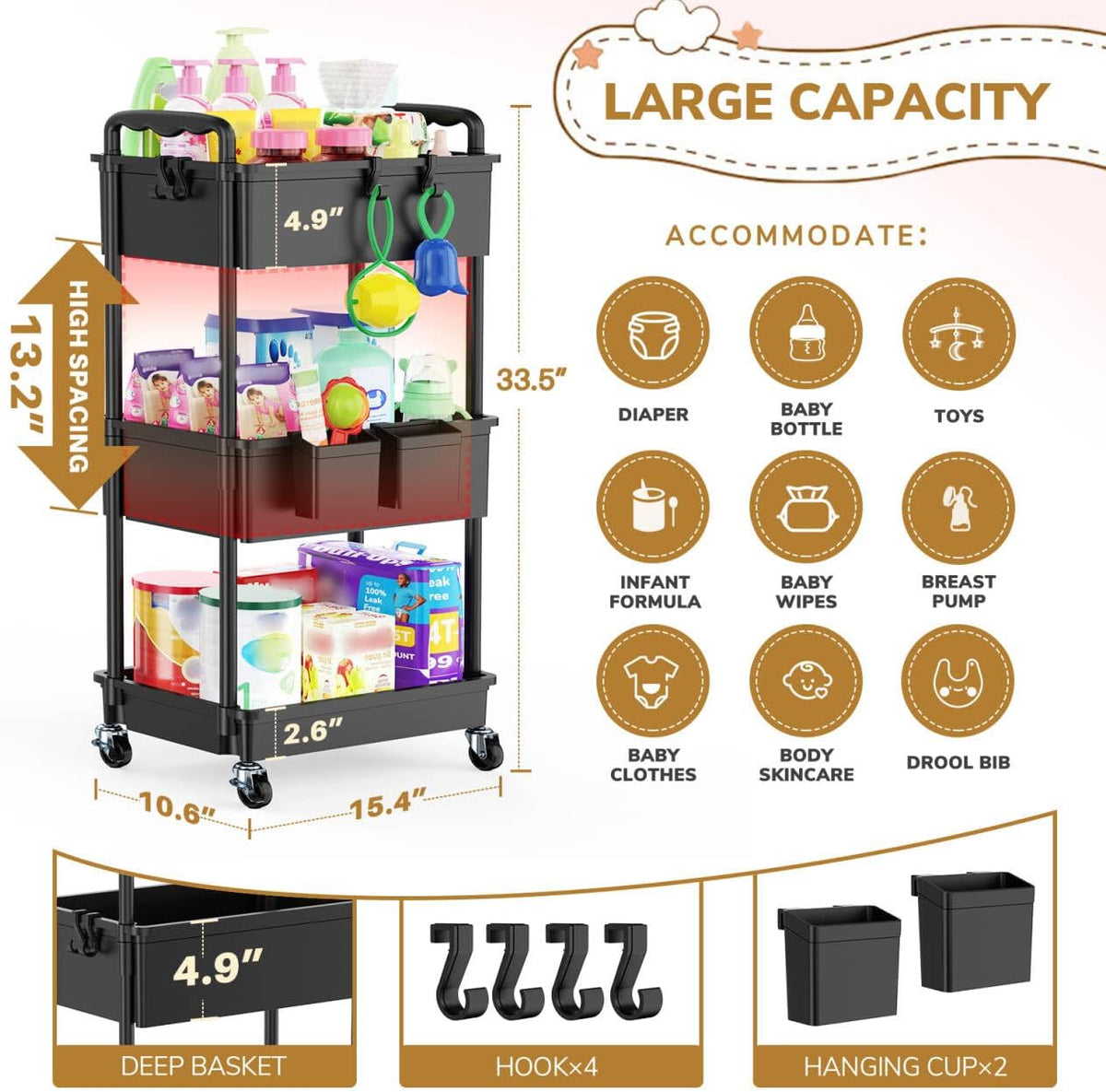 Goovilla Diaper Cart with Lockable Wheels and Easy Assembly, 3 Tier Black