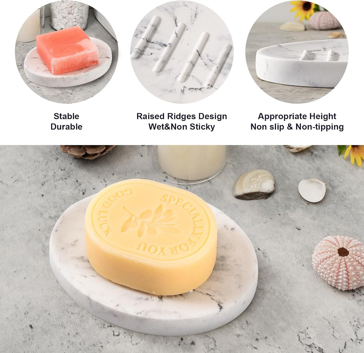 Mini Soap Dish Bathroom Resin Marble Look Bar Soap Holder for Shower Soap Tray for Kitchen Sink(Marble White)
