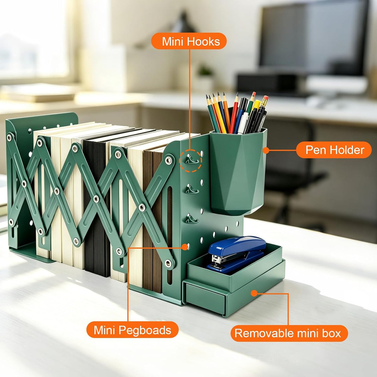 Adjustable Book Ends, Metal Bookends with Pegboard Book Holders Organizer