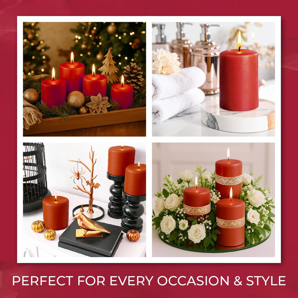 Biedermann & Sons Cranberry Red Pillar Candles (6 Pack), 4 Inch Tall 3 Inch Wide Round, Unscented Paraffin Wax, Approx 40 to 45 Hour Burn, Dripless Decorative Candles for Home and Events