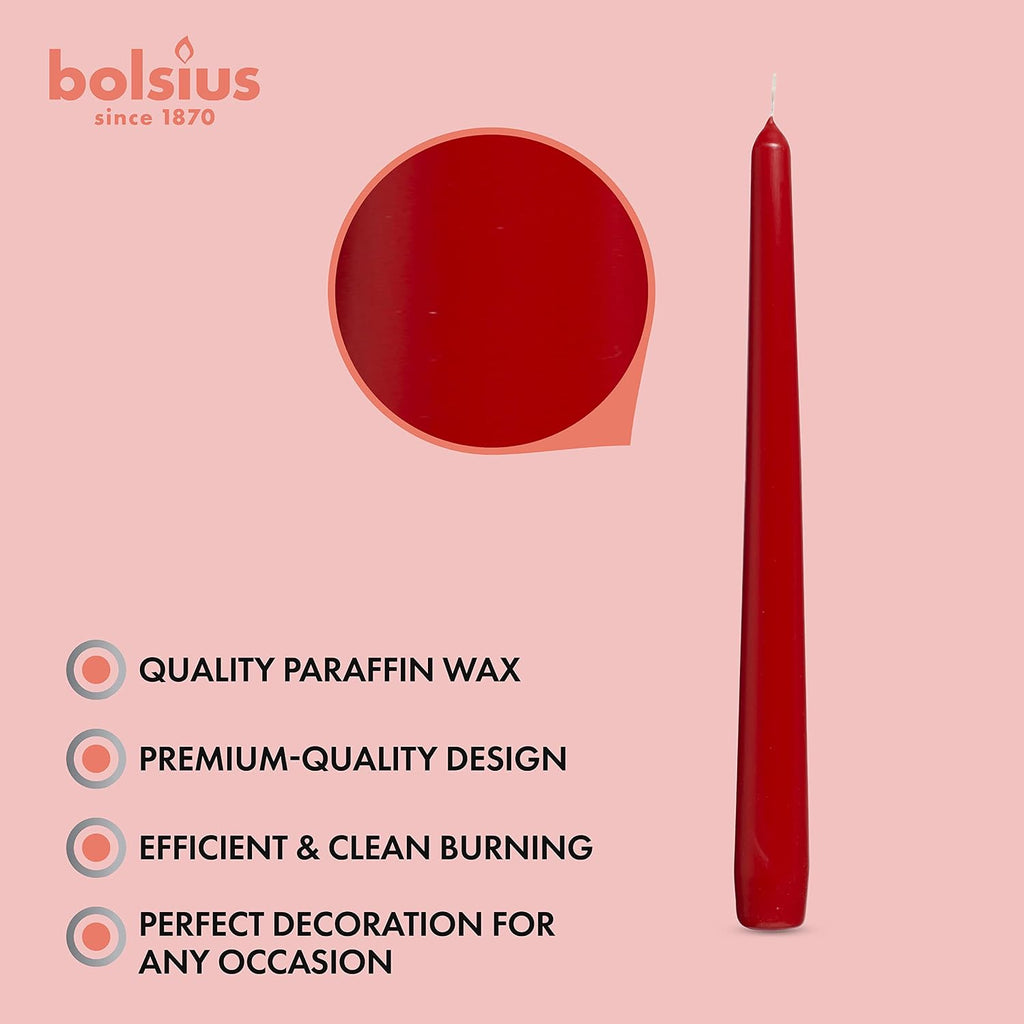 BOLSIUS Red Taper Candles - 4 Pack Unscented 10 Inch Dinner Candle Set - 8 Hours Burn Time - Premium European Quality - Smokeless and Dripless Household, Wedding, Party, and Home Decor Candlesticks