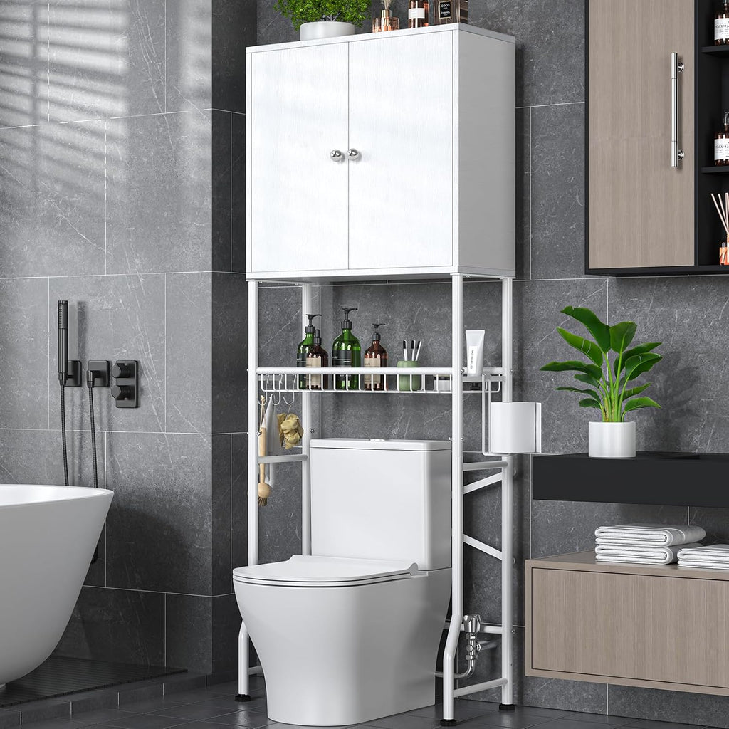 Over The Toilet Storage Cabinet - 2-Door Design Bathroom Organizers Shelf, Freestanding Space-Saver Above Toilet Storage Cabinet with Privacy Protection Rack, Water-Resistant Toilet Shelves (White)