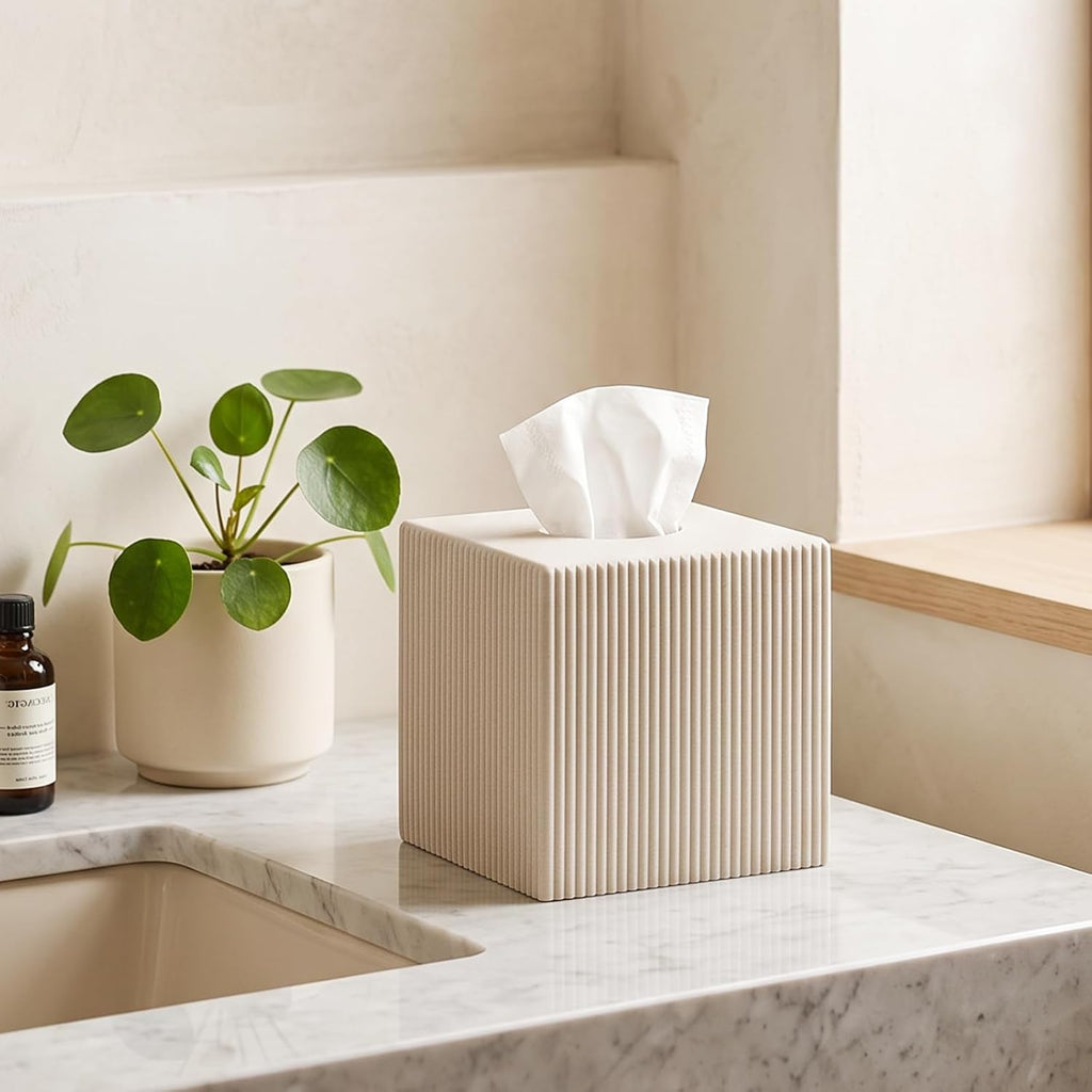Tissue Box Cover Square,Facial Tissue Holder,Pinstripe Beige