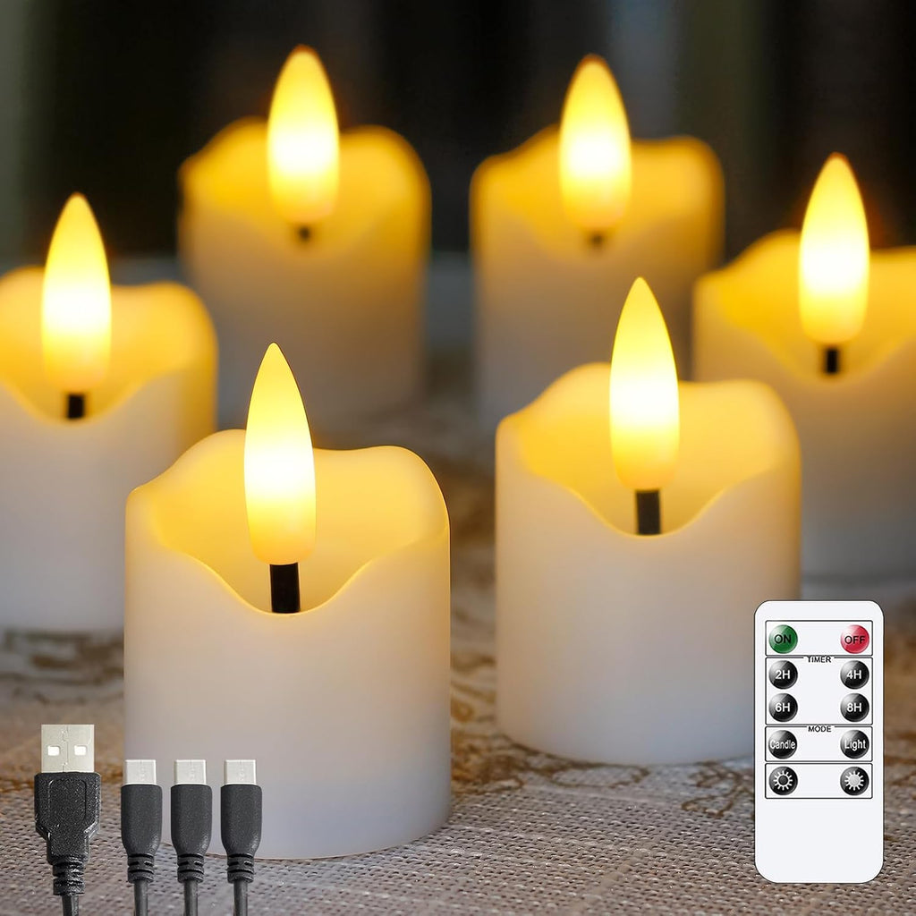 Rechargeable Flameless LED Remote 1.6" x2.3" Tea Light Candles,Flickering Fake Plastic White Cycle Timer 6 Pack Small Mini Votive Tealight Candles with Charging Cable