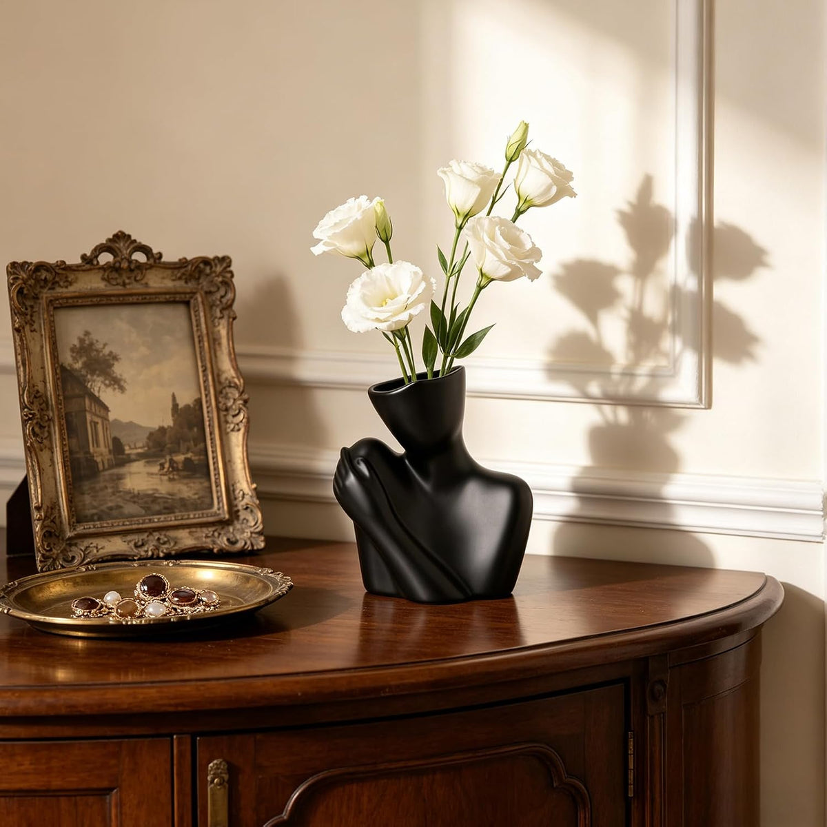 Ceramic Body Vase, Female Form Half Body Vase, Modern Minimalist Boho，Decorative Vase for Living Room, Bedroom, Shelf, Dining Table, Bathroom & Office, (Black Shoulder-Grazing Style)