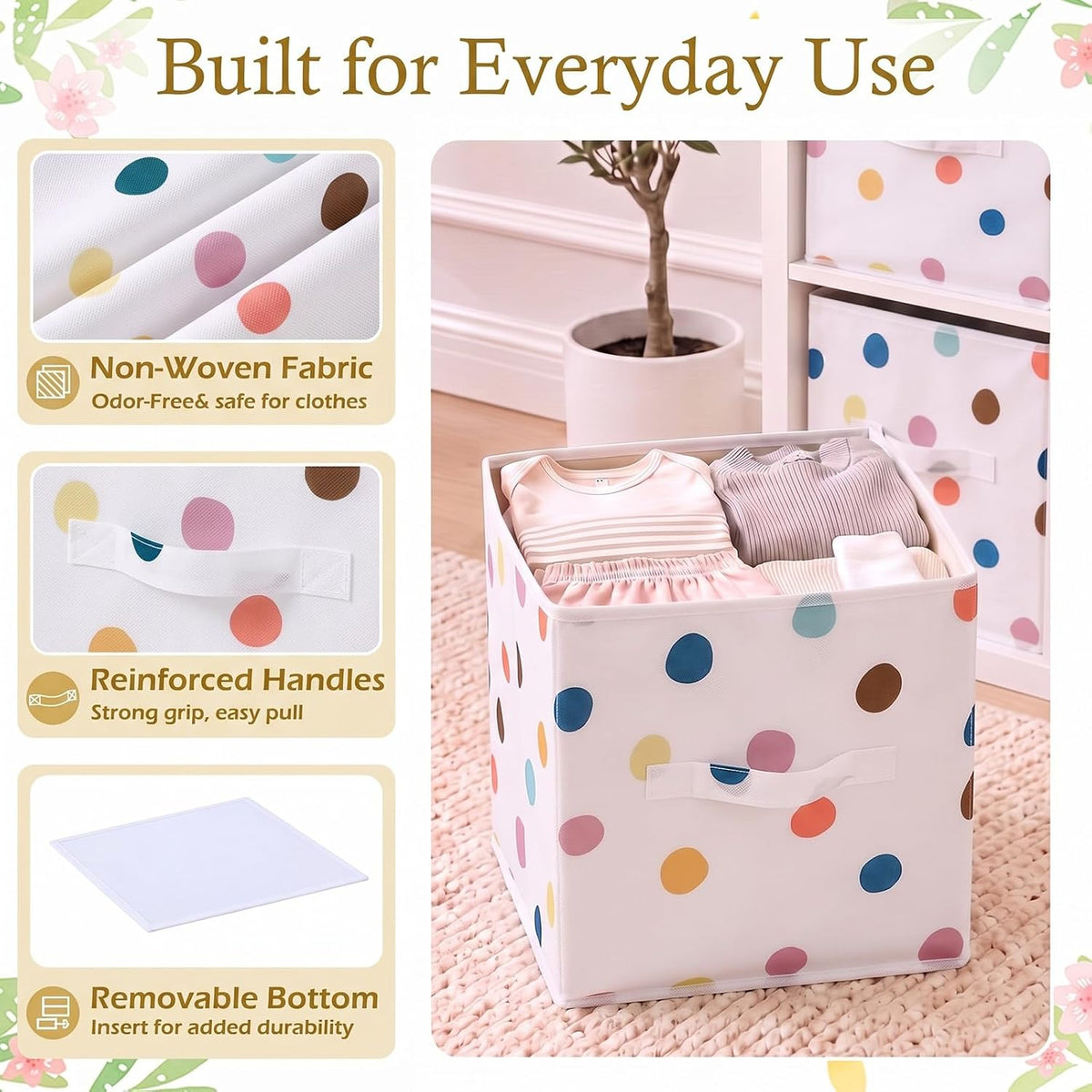 6 Pcs 11 Inch Boho Dots Cube Storage Bins Collapsible Storage Organizer with Handles Fabric Container Baskets for Closet Clothes Toys Book Room Home Organization