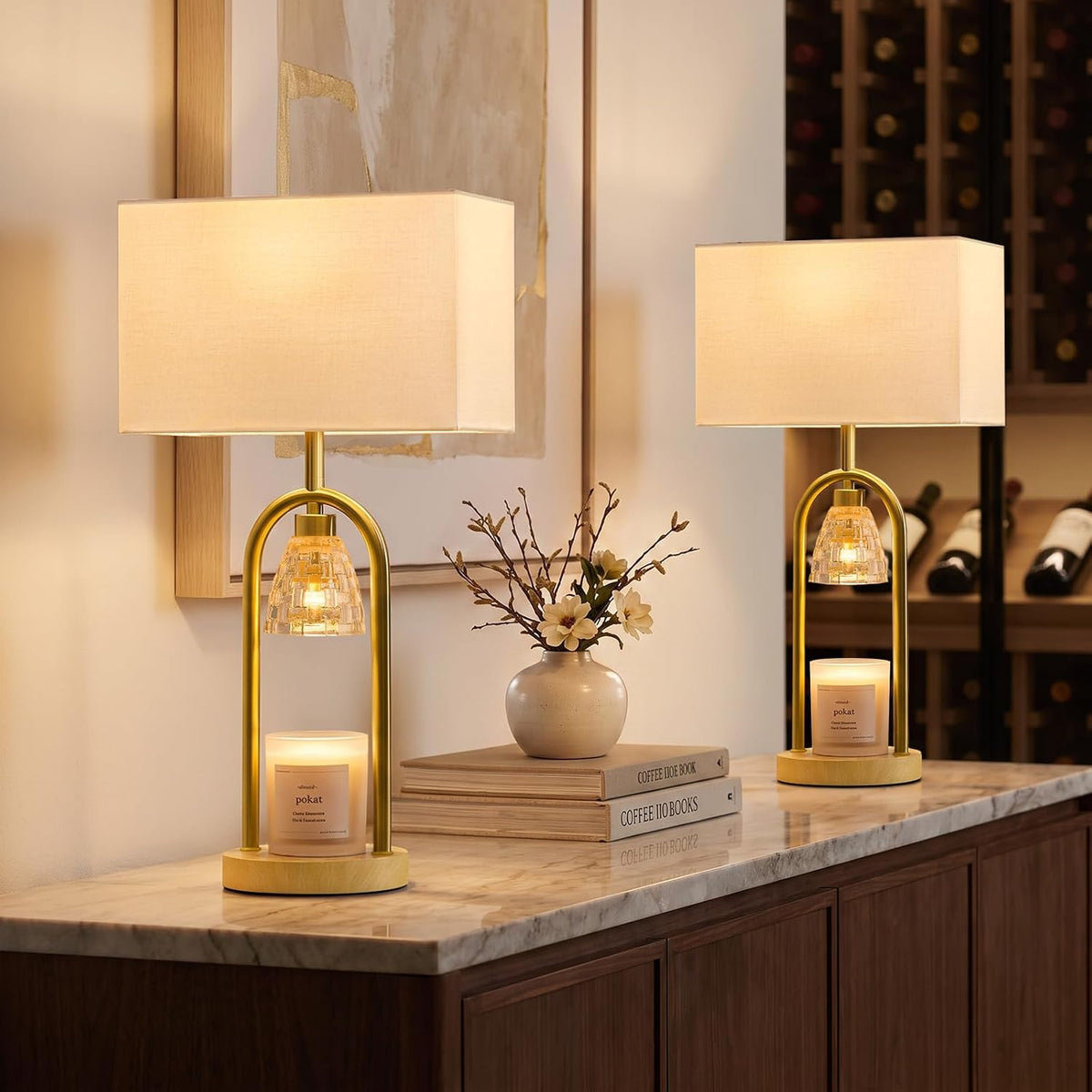 PoKat 22'' Gold Table Lamps Set of 2 with Candle Warmer for Bedroom, Metal