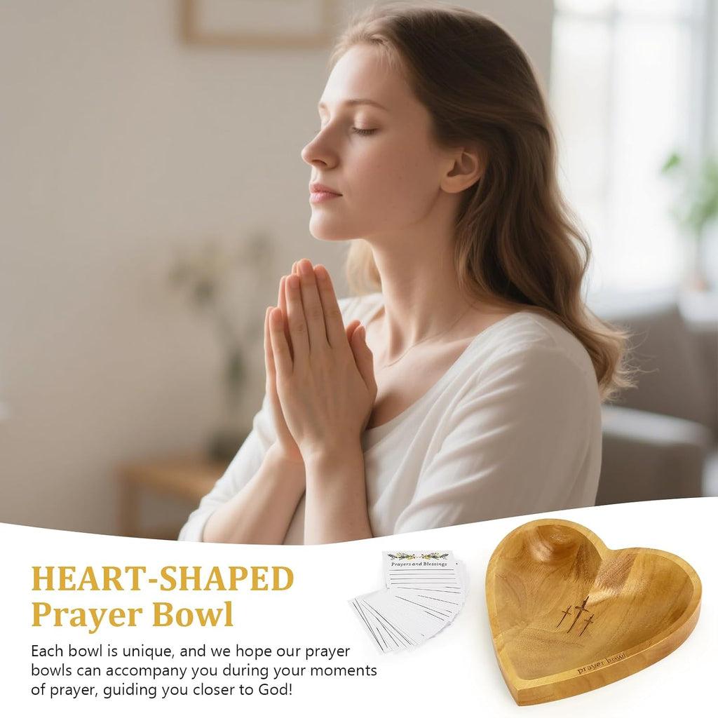 Prayer Bowl with 24 Blessing Cards Wooden Prayer Bowl Rustic Heart Shaped Decor Dough Bowls Christian Gifts for Mom Dad (Light)