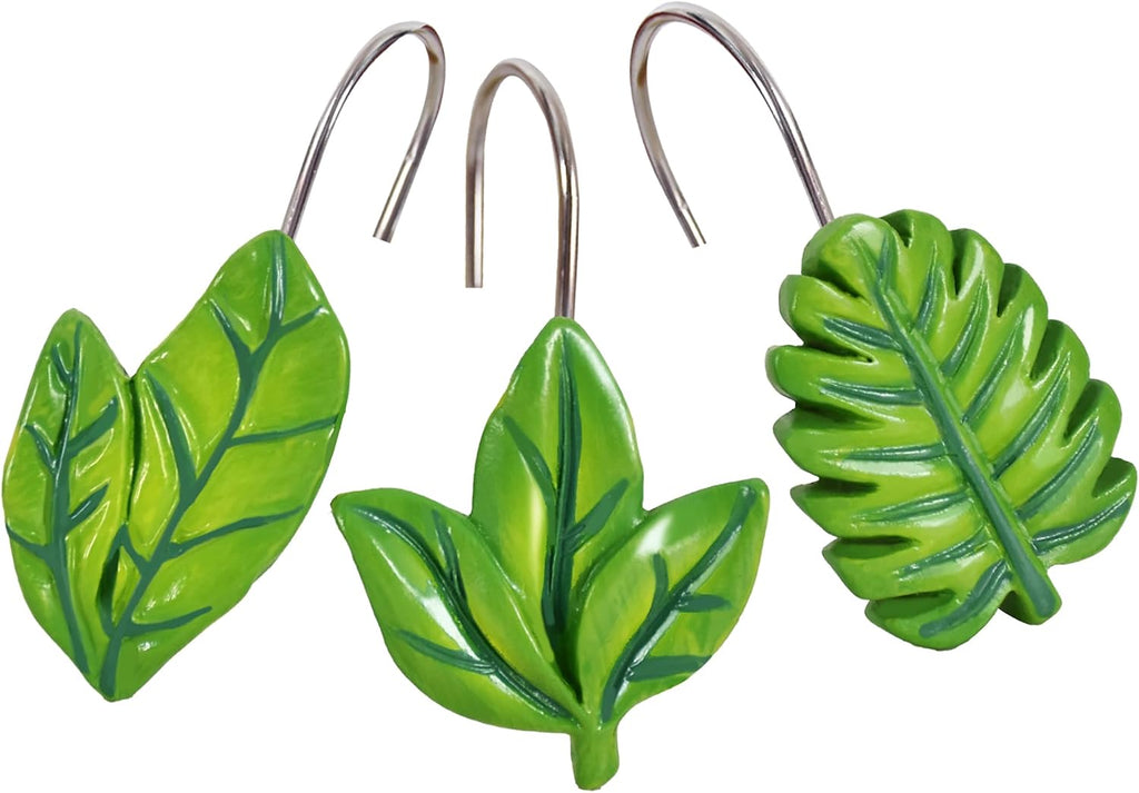 12-Piece Green Leaves Leaf Shower Curtain Hooks for Bathroom
