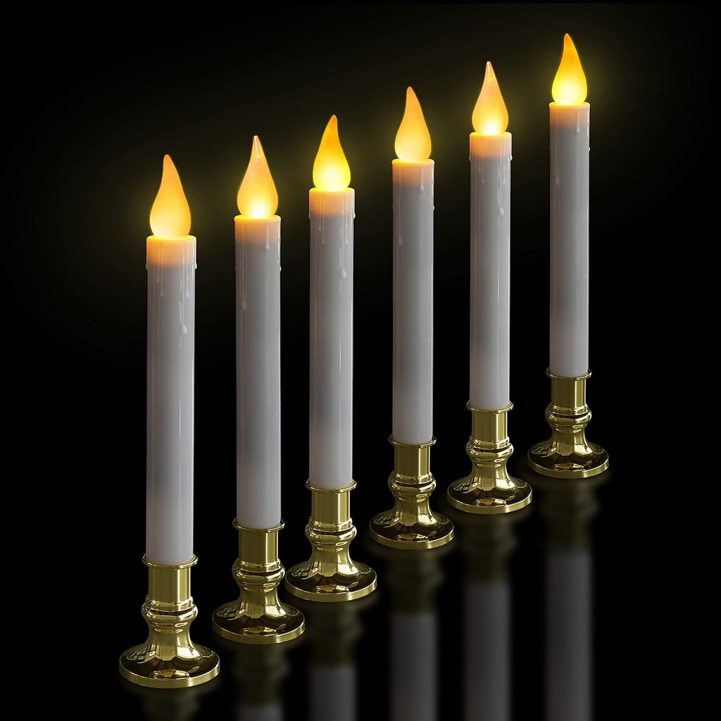 FURORA LIGHTING White 9.9" LED Taper Candles with Gold Holders, 6-Pack