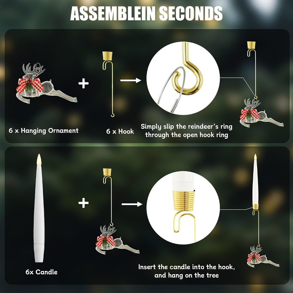 Christmas Tree Candles with Remote, 6 Pack Battery Operated Christmas Candles, LED Candlesticks for Xmas Tree Decoration, Flickering Flameless Candle for New Year Home Party Decor, Reindeer