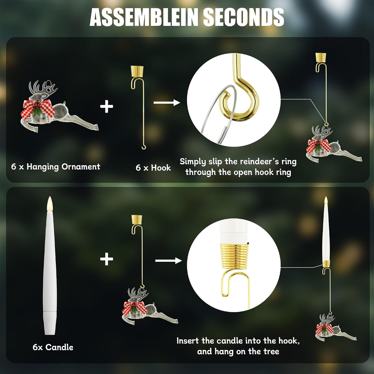 Christmas Tree Candles with Remote, 6 Pack Battery Operated Christmas Candles, LED Candlesticks for Xmas Tree Decoration, Flickering Flameless Candle for New Year Home Party Decor, Reindeer