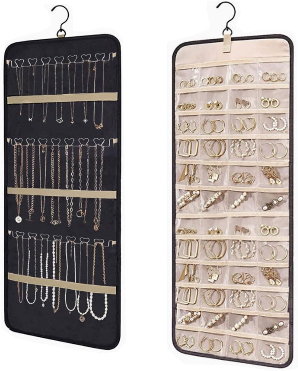 48 Pocket Oxford Fabric Double Sided Hanging Rotating Jewelry Organizer with Hanger Hooks for Earrings, Necklaces, Rings, Bracelets and Other Jewelry Storage