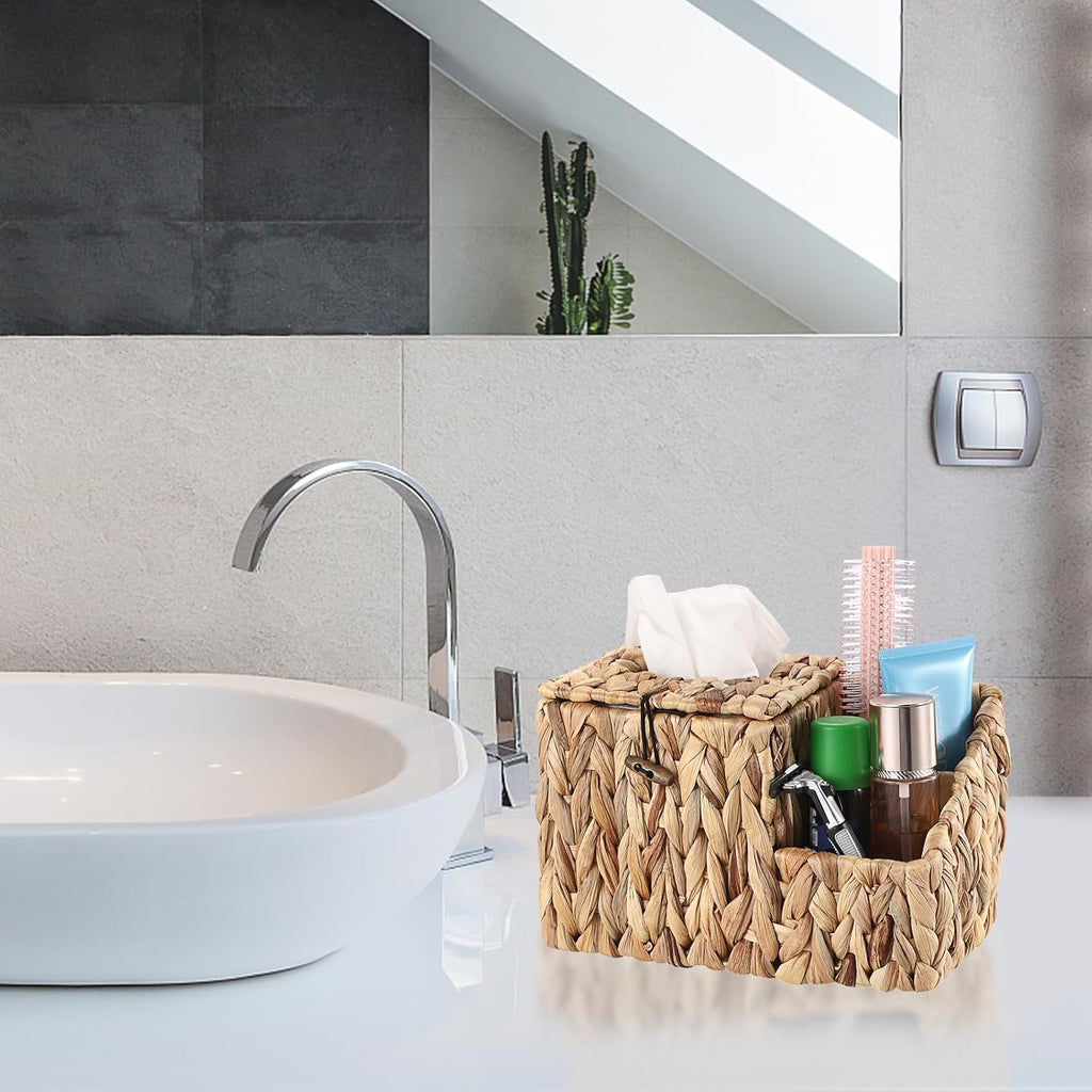 Sumnacon Square Tissue Box Cover with Side Organizer - Wicker Cube Tissue Box for Bathroom Toilet (Water Hyacinth, Natural)