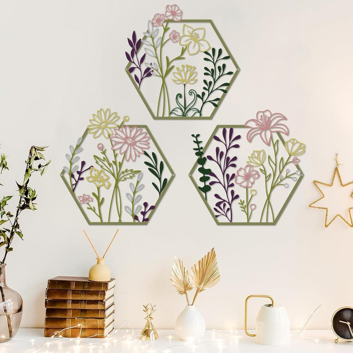 ESTART 3 Pcs Metal Flower Wall Decor, Minimalist Floral Wall Hanging Art
