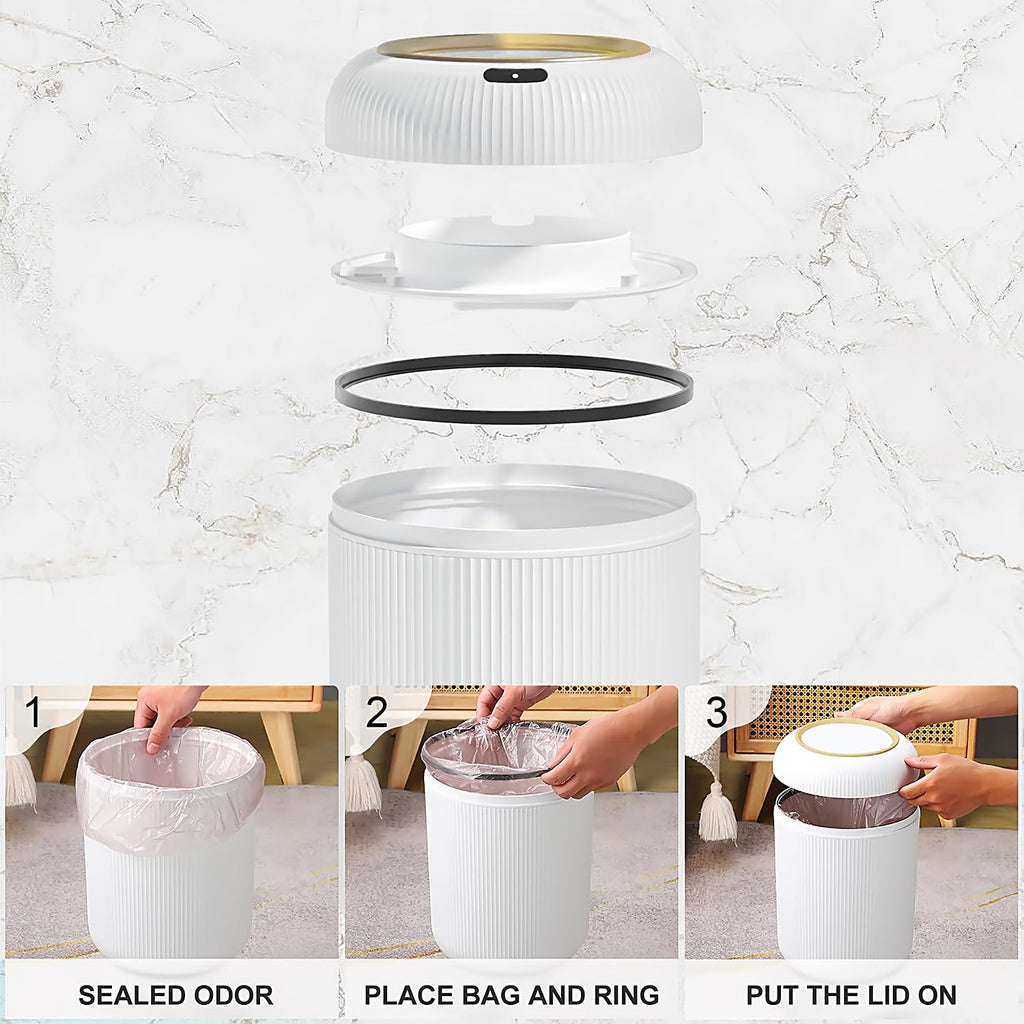 Automatic Motion Sensor Bathroom Trash Can with Lid,White and Gold