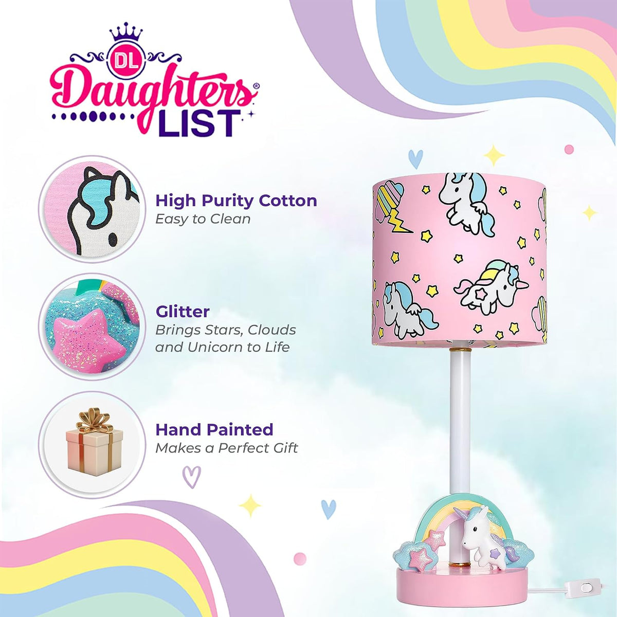 Unicorn Lamp for Girls Room | UL Listed Hand-Painted Rainbow Table Light with Pink Star Shade | Bedroom Nightstand Decor, Bulb Included
