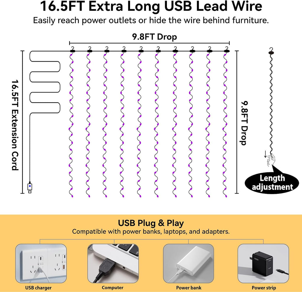 ZSJWL 300 LED Curtain Fairy Lights with Remote, 9.8 × 9.8 Ft, USB Plug in