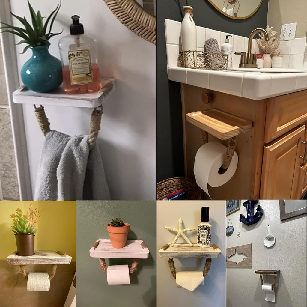 Toilet Paper Holder with Shelf Farmhouse Boho Rope Bathroom Decor