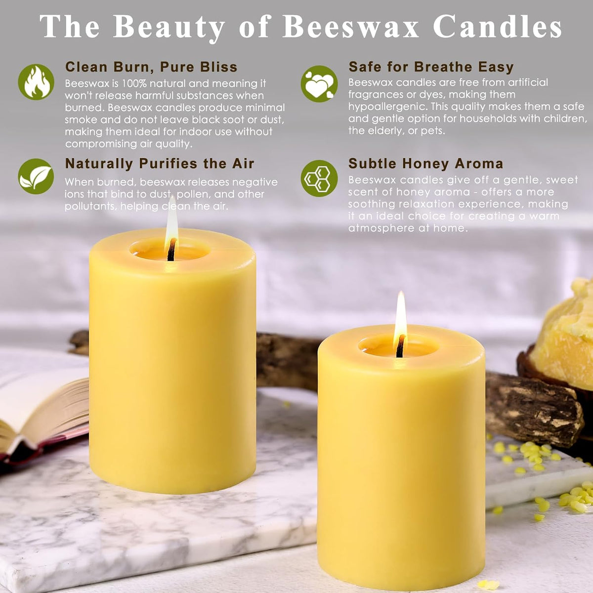 Beeswax Pillar Candles 3x4 Inch 2 Pack, Unscented Bee Wax