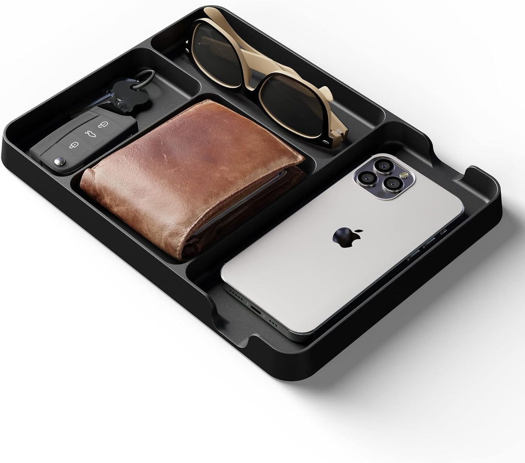 Pocket Deck Valet Tray (Black) for Men. Everyday Carry EDC Caddy Bamboo Organizer. Perfect for Night Stand, Bedside, Dresser, Desk, Office, Bedroom. with Phone Charger. Storage Slots for Wallet, Keys